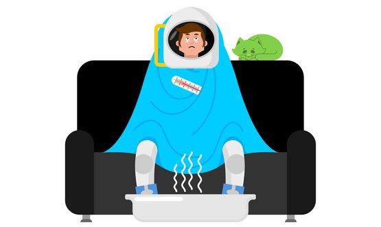 A cartoon of an ill man in a space helmet