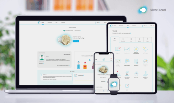 SilverCloud Health's software platform on a desktop PC, laptop and mobile device, and a smartwatch